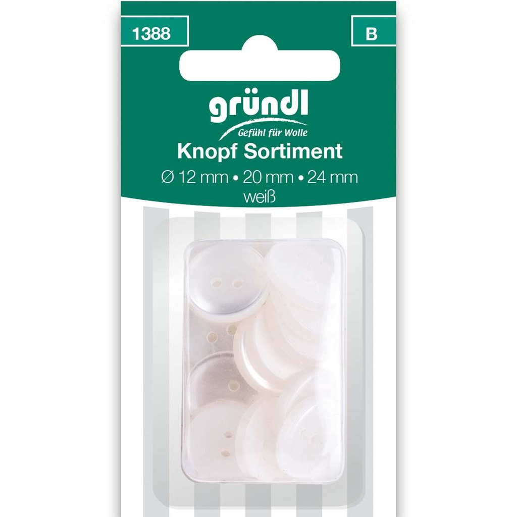 Gründl Knopf Sortiment, Ø 12/20/24 mm, 21 Stück, weiß