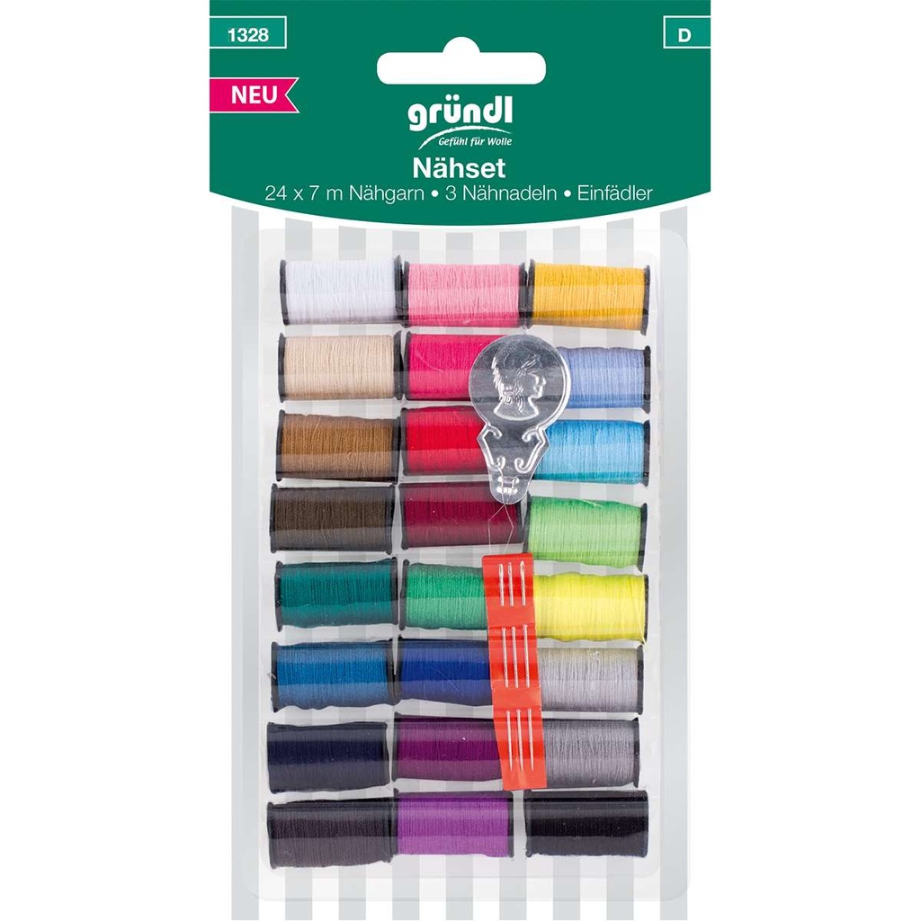 Gründl Nähset (24 x 7 m Nähgarn, 3 Nähnadeln, Einfädler)