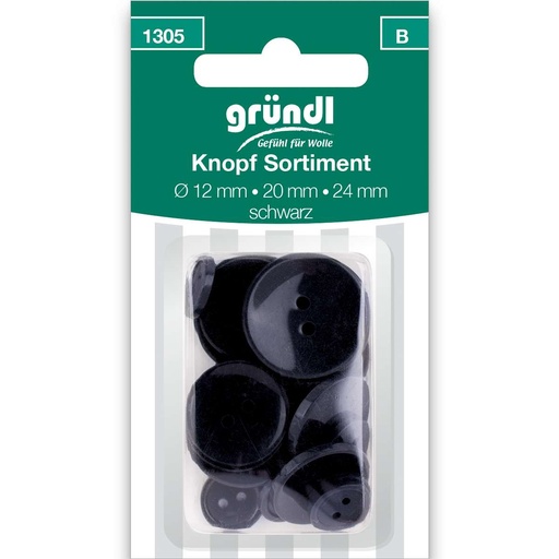 [1305] Gründl Knopf Sort. Kunstst. Ø 12/20/24 mm, 21 St, schwarz