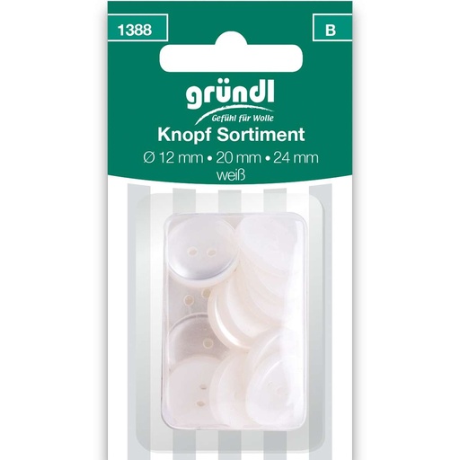 [1388] Gründl Knopf Sortiment, Ø 12/20/24 mm, 21 Stück, weiß