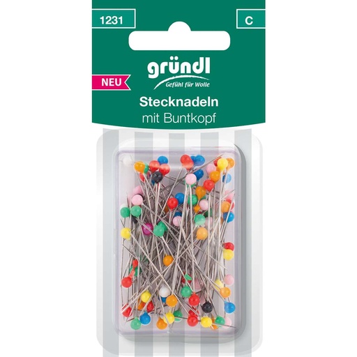 [1231] Gründl Stecknadeln mit Buntkopf, 100 Nadeln