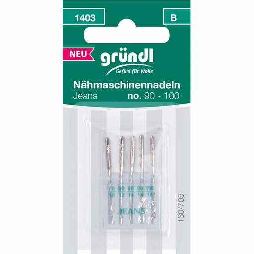 [1403] Gründl Nähmaschinennadeln Jeans, 5 Stück, No. 90 – 100